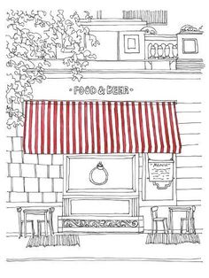 a drawing of a restaurant with a red and white striped awning