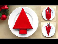 red christmas tree napkin holder on white plate