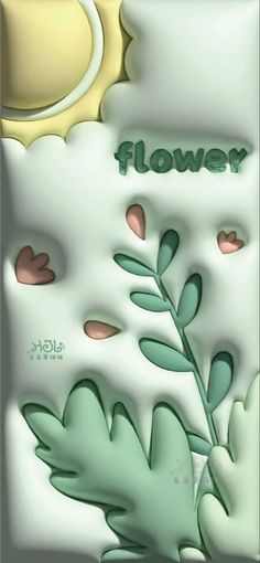 a flower is shown with the sun shining in the background and clouds above it, as well as hearts