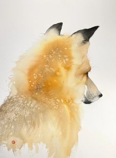 a painting of a wolf's head with yellow and white fur on it, looking up at the sky