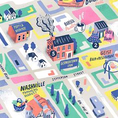 an illustrated map shows the streets and buildings