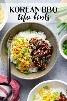 korean bbq tofu bowls with rice and vegetables