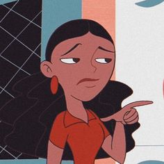 an animated woman pointing at something in front of her