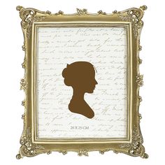 the silhouette of a woman's head is shown in a gold frame with writing on it