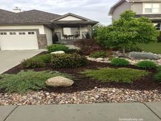 a front yard with rocks and plants in the foreground, two garages behind it