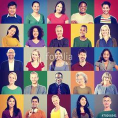 a group of people standing together in front of a colorful background with many different faces