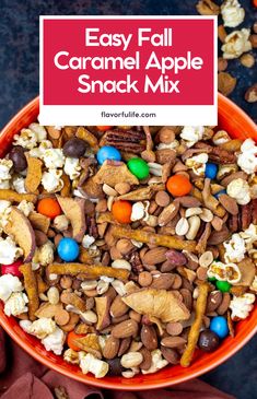 an orange bowl filled with easy fall caramel apple snack mix and the title overlay reads easy fall caramel apple snack mix