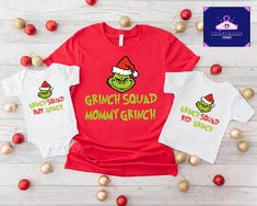 grinch squad mommy grinch and kid grinch onesuits with christmas ornaments around them