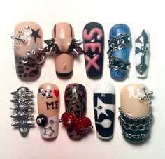 Emo Nail Designs, Rock And Roll Nails, Scene Nails Emo, Spike Nails, Easy Spells, Message Me, Nail Inspo