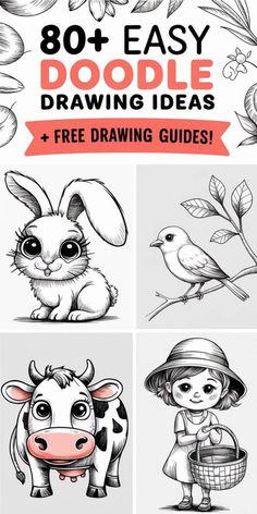 80+ easy doodle drawing ideas featuring a rabbit, a bird on a branch, a cow, and a girl with a basket, plus free drawing guides. Drawing Ideas For Beginners Step By Step, Art Journal Pages Ideas, Easy Doodle Drawings, Doodle Drawing Ideas, Pen Art Doodle, Drawings For Beginners, Free Printable Templates, Life Challenge, Drawing Guides