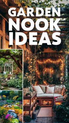 garden nook ideas with pictures of plants and trees in the background, including an outdoor seating