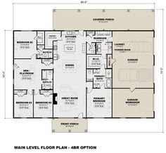 the main level floor plan for an apartment with three bedroom and two bathroom areas on each side