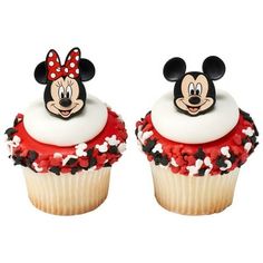 two mickey mouse cupcakes with red and white frosting