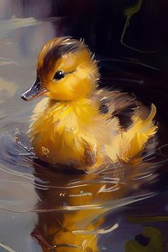 a painting of a duckling swimming in the water