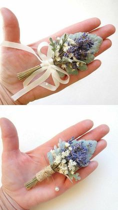 two pictures of someone's hand with flowers on it and tied to the palm