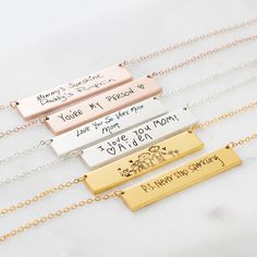 Handwriting Jewelry Engraved Actual Handwriting Necklace Candy Couture, Handwriting Necklace Custom, Necklace Drawing, Bar Necklaces, Fingerprint Necklace, Engraved Handwriting, Handwriting Necklace, Custom Signature, Handwriting Jewelry