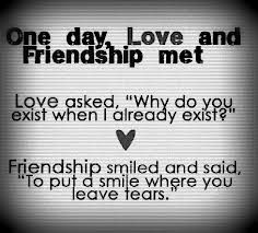 a sign that says, one day love and friendship met i love asked why do you exist when already exist?