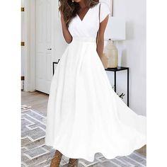 Season:Summer,Spring; Fabric:Chiffon,Polyester; Sleeve Length:Short Sleeve; Look After Me:Machine wash; Gender:Women's; Style:Elegant Dress,Mature,Casual; Elasticity:Micro-elastic; Occasion:Daily,Outdoor,Weekend; Fit Type:Regular Fit; Dresses Type:Summer Dress,White Dress,Casual Dress,Swing Dress,A Line Dress,Chiffon Dress; Pattern:Pure Color; Design:Ruched; Neckline:V Neck; Front page:FF; Listing Date:05/19/2023; Production mode:External procurement; 2024 Trends:2023; Bust:; Length:; Shoulder W White Summer Maxi Dress, White Dress Casual, White Maxi Dress Summer, Classy White Dress, Fishtail Midi Dress, Long Dress White, Maxi Long Dress, Womens Long Dresses, White Sundress