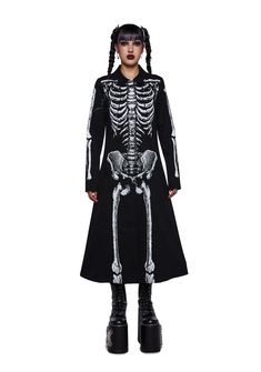 base Dead Of Night, Neon Outfits, Skeleton Print, Costume Store, Long Trench, Long Trench Coat, Trench Coat Black, Shoes And Accessories, Black Media