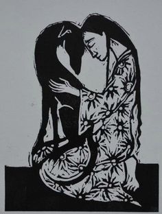 a black and white drawing of two people hugging each other in front of a gray background