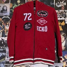 Y2k Ecko Unltd. Varsity Jacket (M) Excellent, Unused Condition Ouestions & Offers Welcome Y2k Letter Print Outerwear For Streetwear, Y2k Streetwear Outerwear With Letter Print, Y2k Cotton Outerwear For Streetwear, Y2k Streetwear Hooded Outerwear, Y2k Hooded Streetwear Outerwear, Y2k Hooded Outerwear For Streetwear, Red Graphic Print Outerwear For Streetwear, Red Hip Hop Cotton Outerwear, 90s Cotton Hooded Outerwear