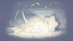 a white teddy bear laying on top of a bed next to a book and stars