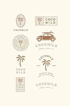 the logos for coco wild are shown in brown and white colors, with palm trees