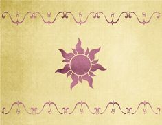 a yellow and purple wall with an ornate border around it that has a sun on top