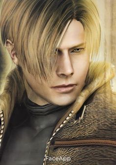 a man with long blonde hair wearing a leather jacket and fur collar, looking at the camera