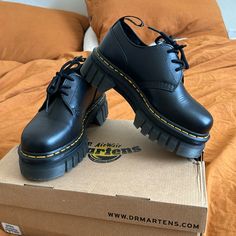 Worn A Few Times, Too Small For Me. Comes Without Insoles, I Replaced Them With Dr. Scholl’s Inserts And Lost The Original Insoles. These Shoes Are Basically Like New Aside From Creases. Dr Martens Black, Dr Martens Shoes, Martens Shoes, Dr. Martens, Black N Yellow, Flat Shoes Women, Loafer Flats, Loafers, Like New