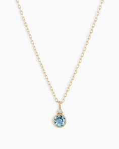 A modern heirloom. Introducing our take on a traditional style. Whether you wear yours or a loved one’s, a birthstone necklace is an easy way to add color and meaning to your look. This birthstone necklace features a 14k gold chain and diamond detail and makes for a perfect, personal gift. Blue Topaz is December's birthstone. Product Details Diamond: 0.01 total carat weight, 1.3 mm GH SI1-SI3 Blue Topaz: 0.15 total carat weight, 3 mm genuine blue topaz 14k solid gold 16" chain + 2" extender. Adj Bezel Pendant Ideas, 14k Gold Jewelry With Gemstone Accents For May Birthstone, Yellow Gold Solitaire Pendant Necklace With Birthstone, Yellow Gold Solitaire Necklace With Gemstone Pendant, 14k Gold Jewelry With May Birthstone Gemstone Accents, Yellow Gold Birthstone Necklace With Round Stone, 14k Gold Birthstone Necklace With Gemstone Accents, Everyday Birthstone Necklace With Delicate 14k Gold Chain, Fine Jewelry Birthstone Necklace With Delicate Chain