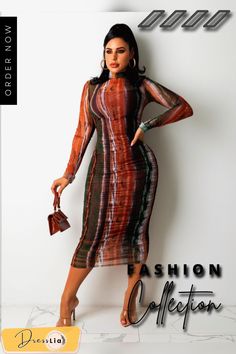 Mesh Tie Dye Print Long Sleeve Skinny Ruched Dresses Multicolor Ruched Dress For Fall, Fall Multicolor Ruched Dress, Long Sleeve Casual Dress, Round Neck Dresses, Bodycon Fashion, Mesh Long Sleeve, Bodycon Midi, Ruched Dress, Midi Dress Bodycon