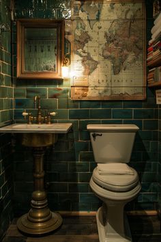 a toilet and sink in a small room with a map on the wall above it