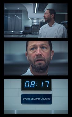 three different images of a man in a kitchen with an alarm clock on the wall