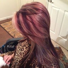 Crazy Hair Colour Ideas, Colored Highlights Black Women, Blonde And Burgundy Hair Peekaboo, Cherry Coke Hair Color With Blonde Highlights, Blonde Hair Dip Dyed, Fun Hair Inspo Color, Diff Hair Colors, Red Root Hair, Hair Color Combo Ideas