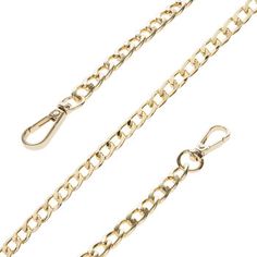 Use this Gold Link Chain Strap to enhance your style! This curb chain strap boasts a brilliant, metallic gold color for lots of shine as you walk. The chain of large open links is complete with a matching rotating lobster clasp on each end, so you can attach it to your purse loops. Use it as a replacement strap on a broken bag, or use it to finish off your handmade accessory. Dimensions: 	 Length: 42 3/4" 	 Width: 9/16" Package contains 1 strap. Gold Party Glasses Chains, Trendy Gold Glasses Chains With Lobster Clasp, Gold Metal Glasses Chains As Fashion Accessory, Gold Glasses Chains Fashion Accessory, Adjustable Gold Glasses Chain With Strap, Gold Chain Belt With Chain Strap For Parties, Gold Chain Belt With Strap For Party, Gold Chain Strap Belt For Party, Metal Chain Necklace With Adjustable Chain