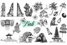 bali clipart set with different types of tropical items and symbols in black and white