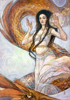 a painting of a woman with her hands in the air and a dragon behind her