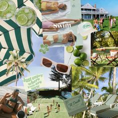 the collage shows people in swimsuits, limeade and other things on the beach