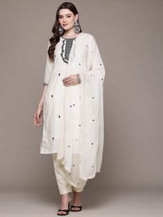 Floral Embroidered Mirror Work Pure Cotton Kurta Set PRODUCT DETAILS  Off white embroidered Kurta with Trousers with dupatta Kurta design: Floral embroidered Straight shape Regular style Round neck, three-quarter regular sleeves 1 pockets mirror work detail Calf length with straight hem Pure cotton machine weave fabric Trousers design: Solid Trousers Partially elasticated waistband Slip-on closure Size & Fit The model (height 5'8) is wearing a size S Material & Care Pure Cotton :Machine Wash Spe White Straight Kurta Churidar For Festive Occasions, Off White Chanderi Salwar Kameez With Dupatta, Off White Salwar Kameez With Chanderi Dupatta, White Churidar With Dupatta For Eid, White Mulmul Sets For Diwali, Wedding Embroidered Mulmul Sets, Wedding Mulmul Sets With Embroidery, White Unstitched Sets With Zari Work, White Cotton Anarkali Churidar