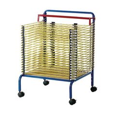 a small cart with wheels holding several objects on it's sides and two red, yellow, and blue sections in the middle