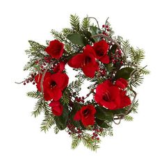 a christmas wreath with red flowers and greenery