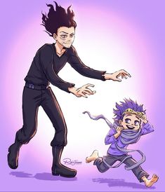 an image of a cartoon character being chased by another character in front of purple background