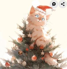 a cat sitting on top of a christmas tree