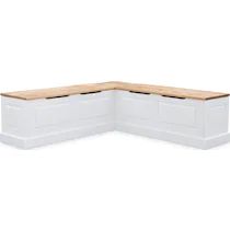 a white corner bench with two benches on the top and one in the middle, against a white background