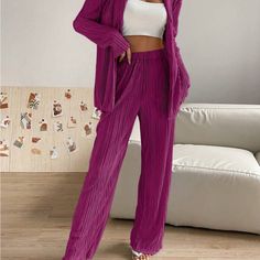 Shein Solid Plisse Button Front Shirt And Pants Shein Pants, Button Front Shirt, Shirt And Pants, Pants Color, Color Purple, Pant Jumpsuit, Casual Outfits, Pants For Women, Purple