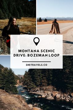 the mountains, trees and water are featured in this postcard for montana scenic drive bozeman loop