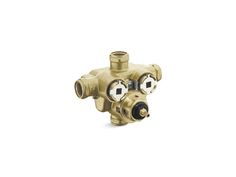 a brass colored valve with two valves on each side and three knobs in the middle