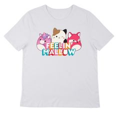 Mellow out with this Squishmallows tee. The shirt features an image of Lola the Unicorn, Cam the Cat, and Fifi the Fox gathered above rainbow block letters that spell out, “Feelin’ Mallow.” The tee comes in a white short sleeve crew neck. Fans of the Squishmallows characters will love this comfy cotton t-shirt. Kawaii Cartoon Print Relaxed Fit T-shirt, Kawaii Style Cartoon Print Relaxed Fit T-shirt, Kawaii Cartoon Print T-shirt With Relaxed Fit, Kawaii Multicolor Letter Print T-shirt, Casual Multicolor Unicorn Print T-shirt, Kawaii Multicolor Short Sleeve T-shirt, Cute White T-shirt With Unicorn Print, Fun Unicorn Print Short Sleeve T-shirt, Fun Short Sleeve T-shirt With Unicorn Print