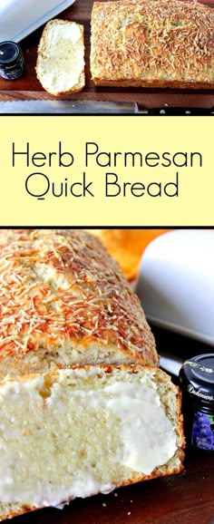 a loaf of herb parmesan quick bread on a cutting board